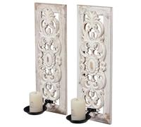 SOFE Openwork Carving Wall Candle Sconces Set of Two, Distressed Finish Wood Candle Holder Walls Decor Living Room, Rustic Farmhouse Candle Wall Sconces, Bedroom Hallway