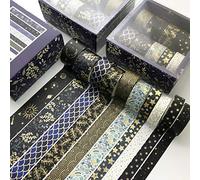 Sofecto 10 Rolls With 3 Sizes Black Gold Foil Washi Tape, Japanese Decorative Writable Washi Masking Tape Set for DIY Crafts Arts Scrapbooking Bullet Journal Planners Gift(10/15/20mm)