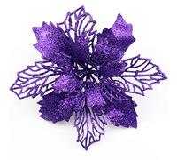 Sofecto 12 Pack Christmas Glitter Poinsettia Flowers Artificial Flower Christmas Tree Decorations and Ornaments, 16cm Diameter with Clips(purple)