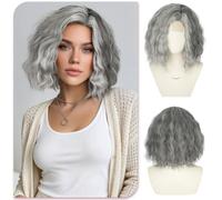 Sofeiyan 12 Inch Short Wavy Bob Wigs,Gray Blend Side Part Bob Wig with Small Lace Front,Synthetic Wig for Women Daily Party Festival Date Use