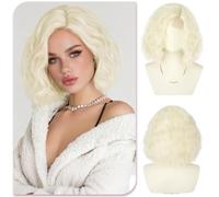 Sofeiyan 12 Inch Short Wavy Bob Wigs,Platinum Blonde Side Part Bob Wig with Small Lace Front,Synthetic Wig for Women Daily Party Festival Date Use