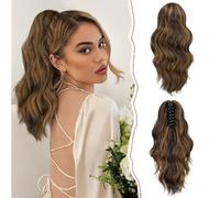 Sofeiyan 14" Ponytail Extension, Short Wavy Claw Clip in Ponytail Hair Extension Synthetic Hairpieces Dark Brown/Golden Auburn Layered Natural Fluffy Curly Drawstring Ponytail Hair Piece for Women