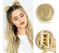 Sofeiyan 2PCS Mini Claw Clip in Hair Bun Messy Cat Ears Hair Bun Extension Synthetic Donut Wig Accessory Updo Space Bun Hair Pieces for Women Girls, Golden/Bleach Blonde Mix