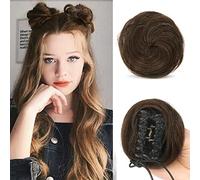 Sofeiyan 2PCS Mini Claw Clip in Hair Bun Messy Cat Ears Hair Bun Extension Synthetic Donut Wig Accessory Updo Space Bun Hair Pieces for Women Girls, Darkest Brown & Light Auburn Mixed