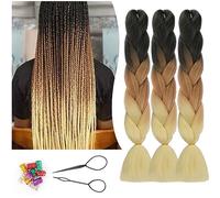 Sofeiyan Braiding Hair Extensions, 24inch 3Pcs Ombre Braiding Hair Synthetic Fiber Hair Colorful Jumbo Braids Hair Extension for Twist Box Braiding Black to Brown to Creamy White