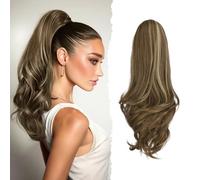 Sofeiyan Claw Clip Ponytail Extension 16 inch Curly Wavy Clip in Hairpiece Synthetic Fluffy Fake Pony Tail on Hair Extensions for Women Daily Use - Light Brown with Ash Blonde Highlights