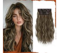 Sofeiyan Clip-in Extensions, 4PCS 40 cm Hair Extensions for Women, Curly Thick Synthetic Hairpiece for Clamp Natural Soft Wig - Brunette with Ash Blonde