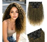Sofeiyan Curly Hair Extensions Clip in,5 Pcs 16Inch Kinky Hair Extensions | 100％ Pure Protein Silk Clip in Hairpieces for Women Daily Parties Work Prom Use,Ombre Dark Brown to Strawberry Blonde