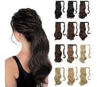 Sofeiyan Curly Ponytail Extension 15 Inch Heat Resistant Synthetic Natural Wavy Hairpiece Wrap Around Pony Tail Hair Extensions for White Black Women Hair Piece, Darkest Brown Tend to Black