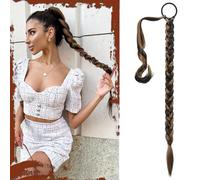 Sofeiyan Long Braid Ponytail Extension with Hair Tie Straight Sleek Wrap Around Hair Extensions Braid Pony Tail Fluffy Natural Soft Synthetic Hairpieces for Women Daily Wear, 30 inch-Brown with Blonde