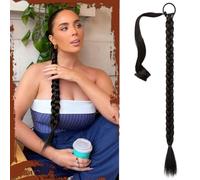 Sofeiyan Long Braid Ponytail Extension with Hair Tie Straight Sleek Wrap Around Hair Extensions Braid Pony Tail Fluffy Natural Soft Synthetic Hairpieces for Women Daily Wear, 30 inch-Dark Brown