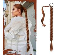 Sofeiyan Long Braid Ponytail Extension with Hair Tie Straight Sleek Wrap Around Hair Extensions Braid Pony Tail Fluffy Natural Soft Synthetic Hairpieces for Women Daily Wear, 26 inch-Copper Red