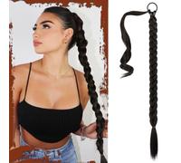 Sofeiyan Long Braid Ponytail Extension with Hair Tie Straight Sleek Wrap Around Hair Extensions Braid Pony Tail Fluffy Natural Soft Synthetic Hairpieces for Women Daily Wear, 30 inch-Black Brown