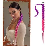 Sofeiyan Long Braid Ponytail Extension with Hair Tie Straight Sleek Wrap Around Hair Extensions Braid Pony Tail Fluffy Natural Synthetic Hairpiece for Women Daily Wear,26 inch-Violet to Hot Pink Ombre