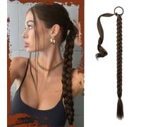 Sofeiyan Long Braid Ponytail Extension with Hair Tie Straight Sleek Wrap Around Hair Extensions Braid Pony Tail Fluffy Natural Soft Synthetic Hairpieces for Women Daily Wear, 26 inch-Black Mixed Brown