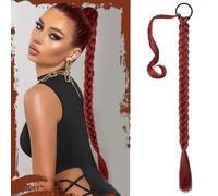 Sofeiyan Long Braid Ponytail Extension with Hair Tie Straight Sleek Wrap Around Hair Extensions Braid Pony Tail Fluffy Natural Soft Synthetic Hairpieces for Women Daily Wear, 30 inch-Red