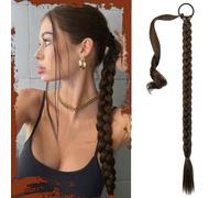 Sofeiyan Long Braid Ponytail Extension with Hair Tie Straight Sleek Wrap Around Hair Extensions Braid Pony Tail Fluffy Natural Soft Synthetic Hairpieces for Women Daily Wear, 30 inch-Black Mixed Brown