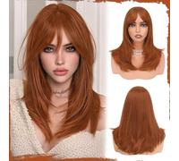 Sofeiyan Long Straight Layered Wig 20 Inch Pumpkin Orange-Red Gradient Wigs with Bangs Natural Looking Soft Heat Resistant Synthetic Medium Length Hair Wigs for Women Daily Party Use