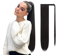 Sofeiyan Long Straight Ponytail Extension 28 inch Wrap Around Ponytail Synthetic Hair Extensions Clip in Ponytail Hairpiece for Women, Darkest Brown Tend to Black