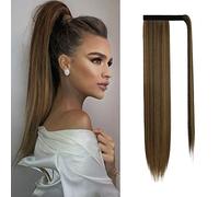Sofeiyan Long Straight Ponytail Extension 28 inch Wrap Around Ponytail Synthetic Hair Extensions Clip in Ponytail Hairpiece for Women, Dark Brown/Golden Auburn