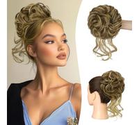 Sofeiyan Messy Bun Hair Piece Curly Wavy Hair Bun Extensions Synthetic Tousled Updo with Tendrils Hairpieces Bun Donut Accessories Scrunchies for Women, Blonde with medium brown