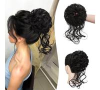 Sofeiyan Messy Bun Hair Piece Curly Wavy Hair Extensions Synthetic Tousled Updo with Tendrils Hairpieces Bun Donut Accessories Scrunchies for Women, Natural Black