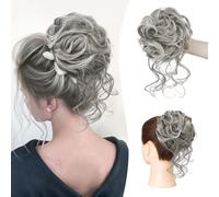 Sofeiyan Messy Bun Hair Piece Curly Wavy Hair Extensions Synthetic Tousled Updo with Tendrils Hairpieces Bun Donut Accessories Scrunchies for Women, Black Mix Grey Tips