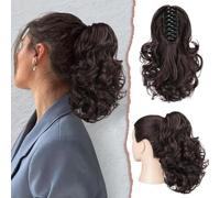 Sofeiyan Ponytail Extension 11" Claw Clip in Ponytail Hair Extensions Curly Wavy Ponytail Fluffy Synthetic Hairpiece for Women Daily Use Dark Brown Mixed Dark Auburn