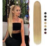 Sofeiyan Ponytail Extension, 28" Long Straight Drawstring Ponytail Hair Extensions Natural Synthetic Hair Clip in Pony Tail Hairpiece for Women, Dark Blonde to Bleach Blonde