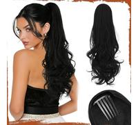 Sofeiyan Ponytail Extension for Women,24 inch Drawstring Ponytail Extension with Hair Comb Insert,Synthetic Clip on Hairpiece Layered Fluffy Thick Pony Tails,Black