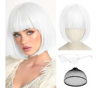Sofeiyan Short Bob Wig with Bangs,White Straight Party Wig Set with Matching-Color Sunglasses and Hair Cap,Fancy Dress Wigs for Daily Halloween Cosplay Christmas Night Club