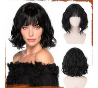 Sofeiyan Short Wavy Bob Wig with Bangs Women's 30 cm Black Synthetic Wig for Women Natural Curly Wig for Cosplay Everyday Party Halloween