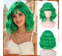 Sofeiyan Short Wavy Bob Wig with Bangs Women's 30 cm Bright Emerald Green Synthetic Wig for Women Natural Curly Wig for Cosplay Everyday Party Halloween