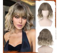 Sofeiyan Short Wavy Bob Wig with Bangs Women's 30 cm Brown Ombre Blonde Synthetic Wig for Women Natural Curly Wig for Cosplay Everyday Party Halloween