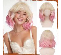 Sofeiyan Short Wavy Bob Wig with Bangs Women's 30 cm Creamy Gold Gradient Sweet Peach Pink Synthetic Wig for Women Natural Curly Wig for Cosplay Everyday Party Halloween-60R311