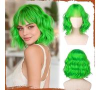 Sofeiyan Short Wavy Bob Wig with Bangs Women's 30 cm Nightshade Green Synthetic Wig for Women Natural Curly Wig for Cosplay Everyday Party Halloween