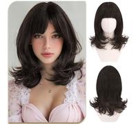 Sofeiyan Short Wig for Woman,Dark Brown Bob Wig with bangs and Naturally Curled Ends,15 Inch Layered Wigs,Heat-Resistant Synthetic Hair Suitable for Daily Work Dates Travel
