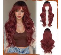 Sofeiyan Wavy Long Wig, 60 cm Black with Burgundy Red Gradient Heat-Resistant Wigs with Bangs, Synthetic Natural Hair for Women, Suitable for Everyday Parties, Festive Cosplay
