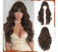 Sofeiyan Wavy Long Wig, 60 cm Brown with Highlights Heat-Resistant Wigs with Bangs, Synthetic Natural Hair for Women, Suitable for Everyday Parties, Festive Cosplay