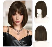 Sofeiyan Wigs for Women,12 Inch Bob Wig with Fringe,Short Straight Bob Wig | Brown with Highlights Wigs,Heat-Resistant Synthetic Hair,Natural Looking Glueless Wig for Daily Prom Party Cosplay