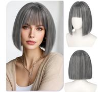 Sofeiyan Wigs for Women,12 Inch Bob Wig with Fringe,Short Straight Bob Wig | Smoky Gray with Highlights Wigs,Heat-Resistant Synthetic Hair,Natural Looking Glueless Wig for Daily Prom Party Cosplay