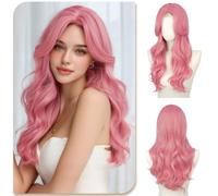 Sofeiyan Wigs for Women,24 Inch Middle Part Wig with Curtain Bangs | Pastel Pink Long Wave Wigs with Pre Plucked Natural Hairline,Synthetic Wigs for Daily Date Cosplay Party