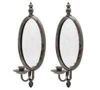SOFFEE DESIGN 2PCS Antique Metal Candle Sconces Candlestick Holder Wall Mounted Distressed with Oval Faded-Looking Mirror