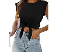 SOFIA'S CHOICE Women Summer Tie Front Crop Tops Crewneck Cap Sleeve Ruched T-Shirt Tops, Black, S