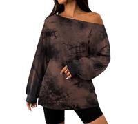 SOFIA'S CHOICE Women Tie Dye Off Shoulder Tops Workout Going Out Long Sleeve Shirts, Brown, L