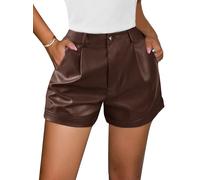 SOFIA'S Choice Women's High Waisted Leather Shorts Roll Hem Casual Pleated Short with Pockets, Brown, M
