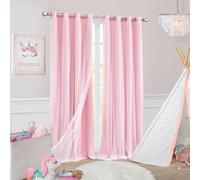 SOFJAGET Pink Blackout Curtains 96 Inch Long - Double Layers Mix & Match Elegance White Crushed Voile Curtains with Tie-Backs, Pink Drapes for Nursery, Girls Bedroom, LivingRoom, 2 PCs