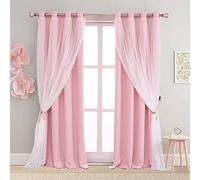 SOFJAGETQ Double Layer Curtains - 90 Inch Length, Mix and Match Pink Blackout with White Sheer Voile for Bedroom and Living Room, Light Blocking, 52 x 90 inch