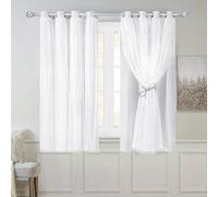 SOFJAGETQ Greyish White Blackout Curtains Set - Double Layers Voile Sheer Light Blocking Draperies with Tie-Backs for Bedroom Windows, 52 x 63 inches, Greyish White, 2 Pieces