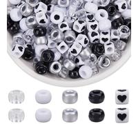 SOFPLAT 1 Box 1000Pcs 6x9mm Pony Beads White Black Glitter Kandi Beads Bulk Holiday Round Plastic Pony Heart Charms Accessories for Jewellery Making Supplies DIY Bracelets Earrings Crafts Hair Braids